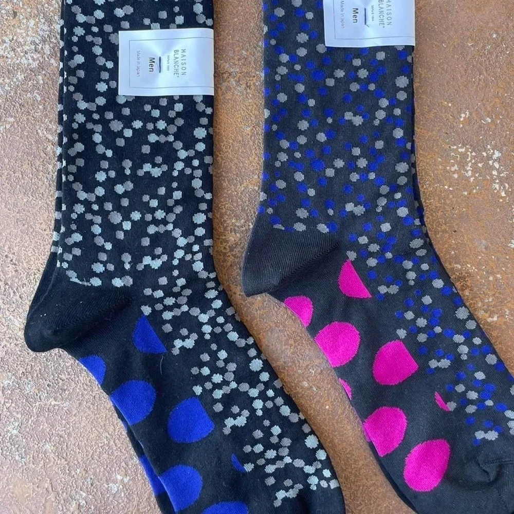 NWT Men’s MAISON BLANCHE polka dot blue and black geometric socks / sz 7-9